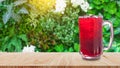 Fresh Roselle juice sweet water and iced in glass on wooden table with nature background, Summer health drinks with ice, Red juice Royalty Free Stock Photo