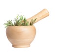 Fresh rosemary herb in wooden mortar with pestle Royalty Free Stock Photo