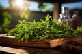 Fresh rosemary leaves on wood table. Generative AI