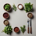 Fresh rosemary sprigs and basil bunches are placed directly on the surface Royalty Free Stock Photo