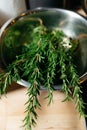 Fresh Rosemary Sprigs in a Metal Bowl Royalty Free Stock Photo