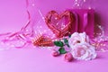 Fresh roses on a pink background, hearts, illumination, concept of romantic congratulations on Valentine`s Day, happy birthday car Royalty Free Stock Photo