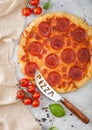 Fresh round baked Pepperoni italian pizza with knife with tomatoes and basil on light background with linen towel. Top view Royalty Free Stock Photo