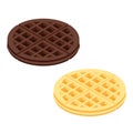 Fresh round chocolate and honey belgium waffle isolated on white background isometric view.