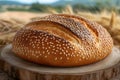 a fresh ruddy round loaf of sesame bread lying on a wooden stand against the background of a field with wheat ears, concept, Royalty Free Stock Photo