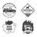 Fresh rustic milk badge, logo. Vector. Typography design with cow, milk farm, truck silhouette. Template for dairy and