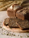 Fresh rye bread and three slices on a wooden board. There are a lot of scattered seeds around. Royalty Free Stock Photo