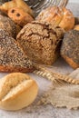 Fresh rye wheat loaf bread, various buns with poppy and sesame seeds grains and ears closeup on rustic table Royalty Free Stock Photo