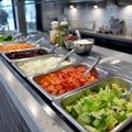 Fresh salad bar with assorted vegetables in a cafeteria setting. Royalty Free Stock Photo