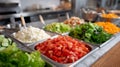 Fresh salad bar with various chopped vegetables. Royalty Free Stock Photo