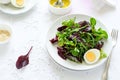 Fresh salad with beetroot, mix leaves, olive oil, egg and sesame seeds Royalty Free Stock Photo