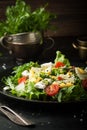 Fresh salad with cherry, arugula, feta, basil and olive oil in a