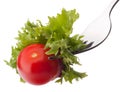 Fresh salad and cherry tomato on fork isolated on white background cutout. Royalty Free Stock Photo