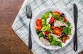 Fresh salad with chicken breast, arugula, black olives,red pepper, lettuce, fresh sald leaves and tomato on a white plate on woode Royalty Free Stock Photo