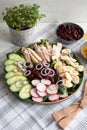 Fresh salad with chicken, red beans, cucumber, radish, eggs and onion Royalty Free Stock Photo