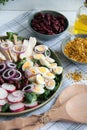 Fresh salad with chicken, red beans, cucumber, radish, eggs and onion Royalty Free Stock Photo