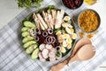 Fresh salad with chicken, red beans, cucumber, radish, eggs and onion Royalty Free Stock Photo
