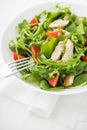 Fresh salad with chicken, tomato and greens (spinach, arugula) on white background close up Royalty Free Stock Photo