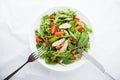 Fresh salad with chicken, tomato and greens (spinach, arugula) on white background top view Royalty Free Stock Photo