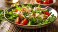Fresh salad with chicken, tomatoes, and mixed greens on wooden background, close-up Healthy eating