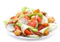 Fresh salad of cucumbers, radishes , chinese cabbage ,tomatoes ,pecans and croutons.