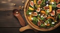 Fresh salad with figs, walnuts and arugula on wooden background Generative AI