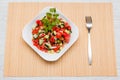 Fresh salad of finely chopped cucumbers, tomatoes and onions with sunflower oil in a white plate and a fork on a wooden table. Royalty Free Stock Photo