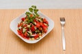 Fresh salad of finely chopped cucumbers, tomatoes and onions with sunflower oil in a white plate and a fork on a wooden table. Royalty Free Stock Photo