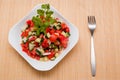 Fresh salad of finely chopped cucumbers, tomatoes and onions with sunflower oil in a white plate and a fork on a wooden table. Royalty Free Stock Photo