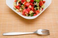 Fresh salad of finely chopped cucumbers, tomatoes and onions with sunflower oil in a white plate and a fork on a wooden table. Royalty Free Stock Photo