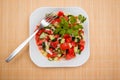 Fresh salad of finely chopped cucumbers, tomatoes and onions with sunflower oil in a white plate and a fork on a wooden table. Royalty Free Stock Photo