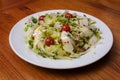 A fresh salad with lettuce, tomatoes, cucumber, fennel, herbs, parmesan and a dressing