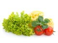 Fresh salad, lettuce leaves, macaroni and tomato Royalty Free Stock Photo