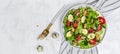 Fresh salad with mussels, quail, egg, conjugate, lime, spinach, lettuce, cherry tomatoes and microgreen. Dietary salad. banner,