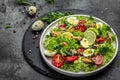 Fresh salad with mussels, quail, egg, conjugate, lime, spinach, lettuce, cherry tomatoes and microgreen. Dietary salad. banner,