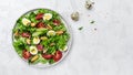 Fresh salad with mussels, quail, egg, conjugate, lime, spinach, lettuce, cherry tomatoes and microgreen. Dietary salad. banner,