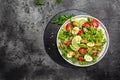 Fresh salad with mussels, quail, egg, conjugate, lime, spinach, lettuce, cherry tomatoes and microgreen. Dietary salad. banner,