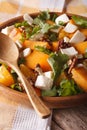 Fresh salad with persimmon, arugula and cheese close up. vertica