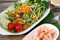 Fresh salad plate with shrimp, salmon, tomato and mixed greens  on wooden background Royalty Free Stock Photo