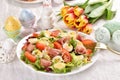 Fresh salad with quail eggs and prosciutto ham for Easter breakfast Royalty Free Stock Photo