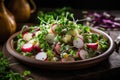 Fresh salad with radish, potatoes and microgreens on wooden background, Healthy salad filled with micro greens and turnips, AI Royalty Free Stock Photo