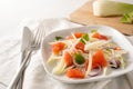 Fresh salad from raw fennel slices, grapefruit and red onions on a white plate, healthy vegetarian food, selected focus Royalty Free Stock Photo
