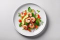 Fresh salad with shrimp, avocado and herbs on a plate. Generative AI