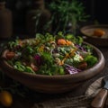 Fresh salad with tomatoes and mixed greens arugula, mesclun, mache