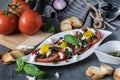 Fresh salad of tomatoes and mozzarella. Recipe with olive oil with red onion, olives and basil Royalty Free Stock Photo