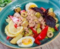 Fresh salad with tuna, olives, sweet peppers, eggs, fried potatoes, basil, lettuce and lemon on wooden background close up Royalty Free Stock Photo