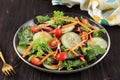 Fresh Salad on a Wooden Background Front View, Concept of Healthy Food and Veggie