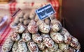 Fresh salami at farmer market in France, Europe. Italian Spanish and French salamis. Street French market at Nice. Royalty Free Stock Photo