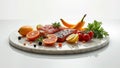 Fresh salmon and citrus arrangement with tomatoes and bananas on marble platter Royalty Free Stock Photo
