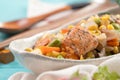 Fresh salmon cube with stir-fried mixed vegetables